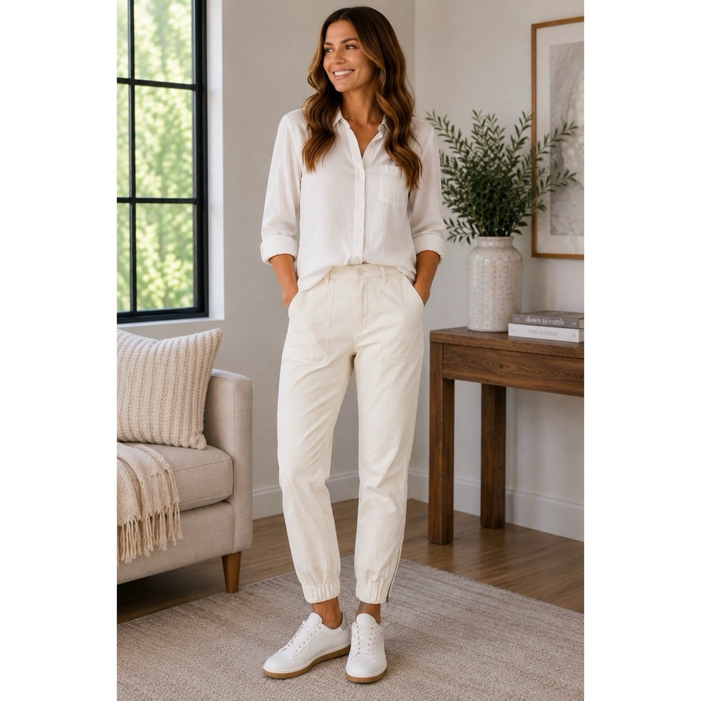 NEW Banana Republic Size 8P Petite Utility Jogger Pants Ivory Cream Garment Dyed
